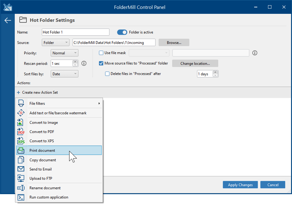 Select "Print document" action