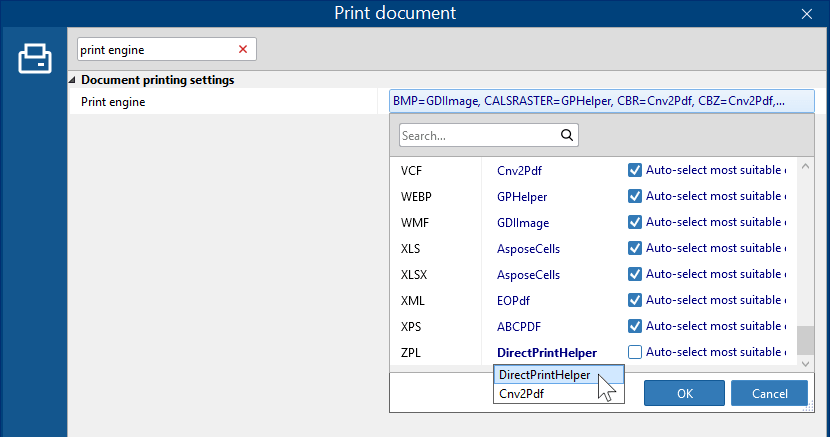 FolderMill Print document settings window showing the selection of DirectPrintHelper as the print engine for ZPL files