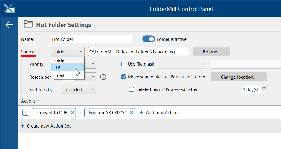 FolderMill Hot Folder settings: selecting FTP as source