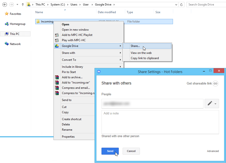 Share Google Drive-based Hot Folder with other people 