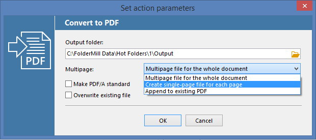 Convert to PDF and split PDF file into single pages with FolderMill