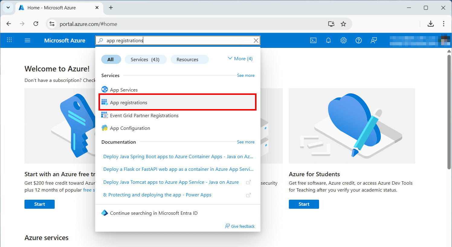 Open App registrations on Azure portal