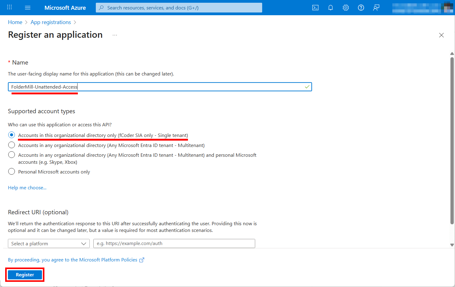 Select "Accounts in this organizational directory only (Single tenant)"