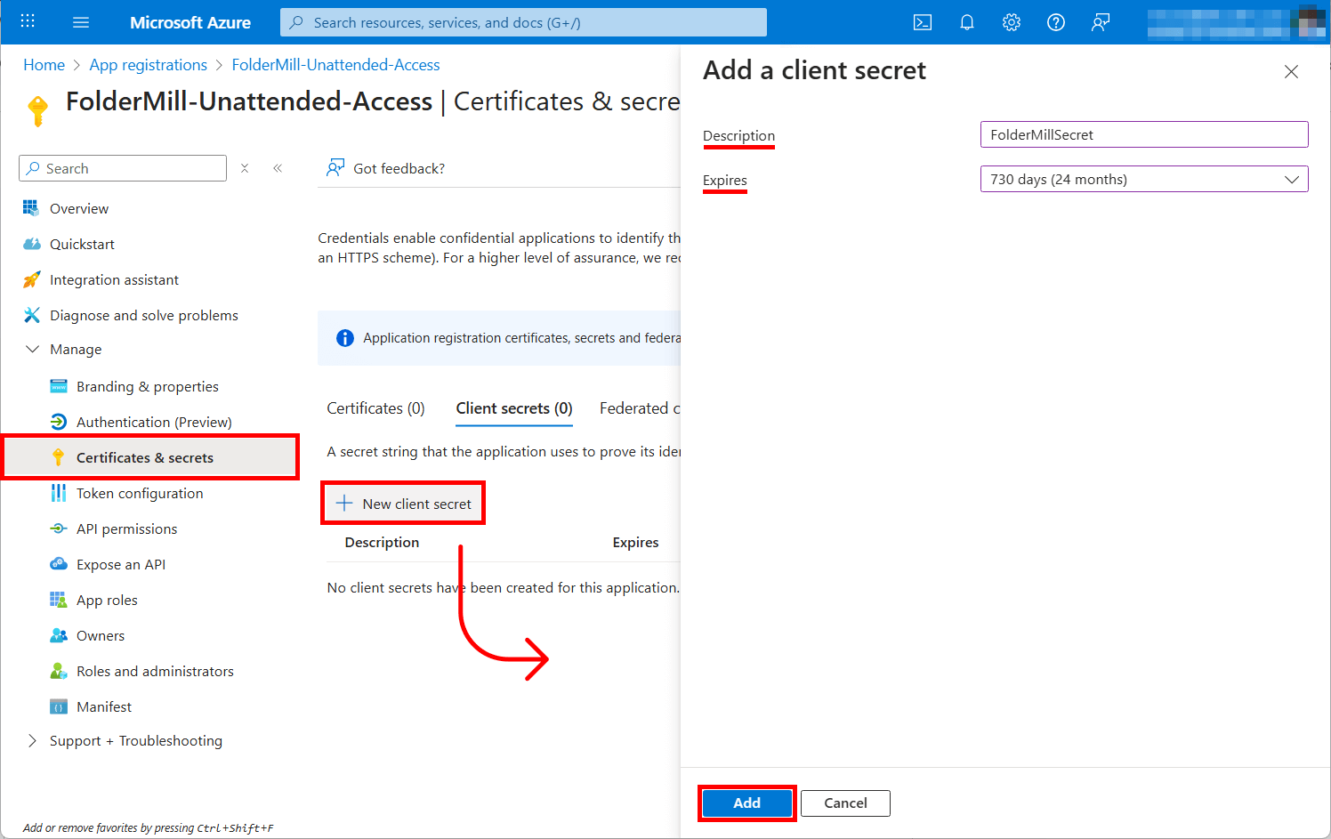 Adding Client Secret Value in Microsoft Azure