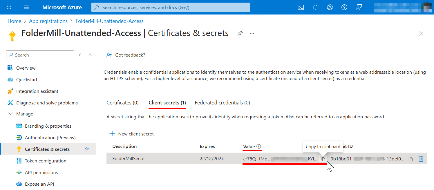 Copy Client Secret Value in Microsoft Azure