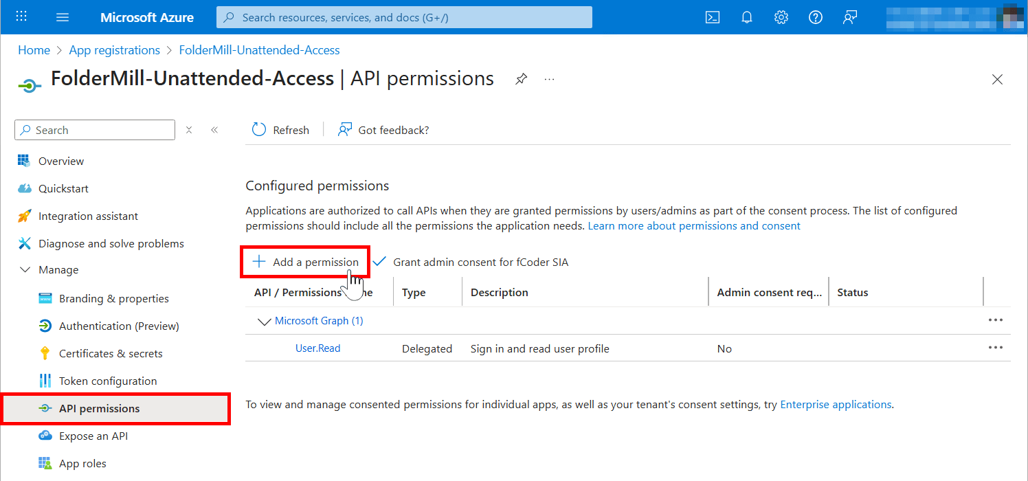 Add API permission in Microsoft Azure 