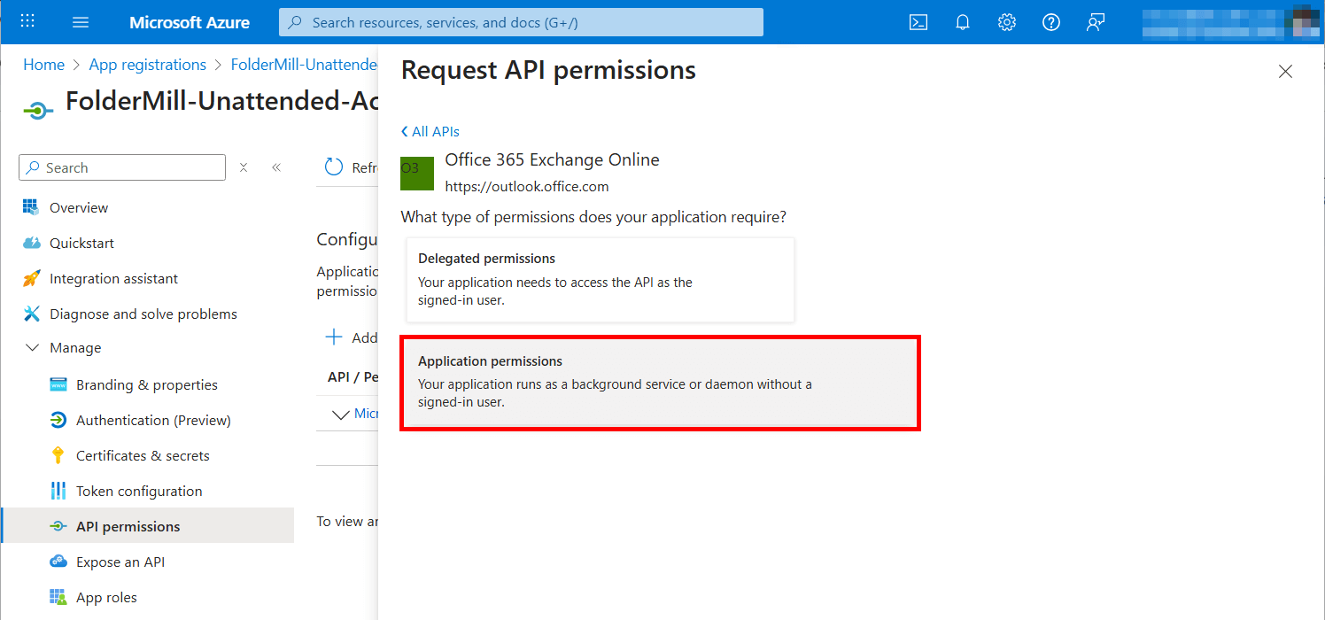 Select Application permissions (NOT Delegated permissions)