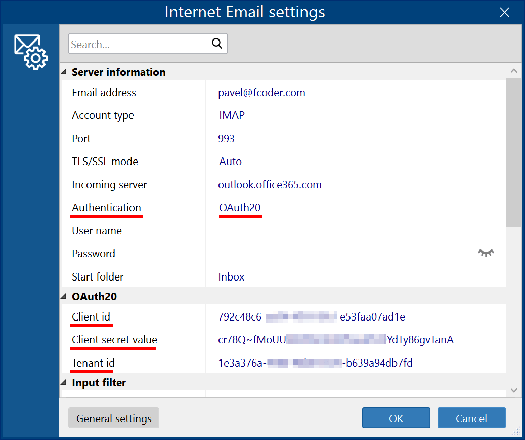 Enter OAuth 2.0 values (Client ID, Client Secret Value, and Tenant ID) and test the connection