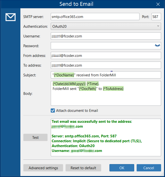 "Test email was successfully sent" message "Test email was successfully sent" message