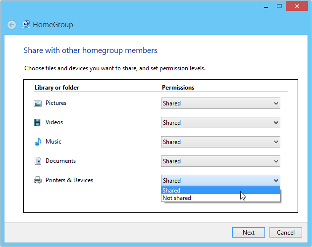 Windows Homegroup printer sharing