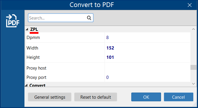 ZPL settings in FolderMill: size, print density, proxy settings