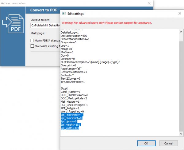 ZPL settings in FolderMill: size, print density, proxy settings